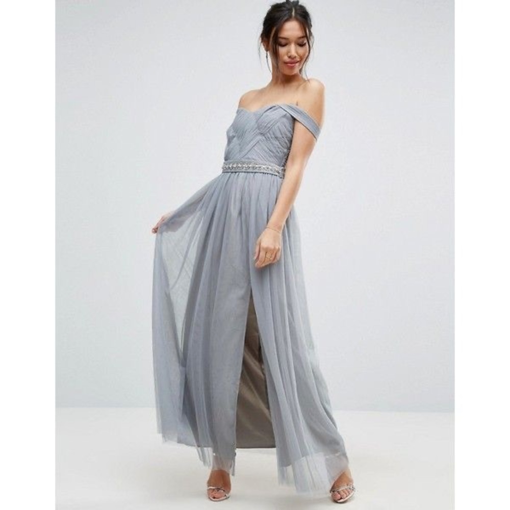 Asos bridesmaid gray pleated maxi dress